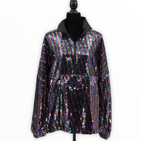 ASOS Rainbow Stripe Sequin Pullover with Pouch - Picture 2 of 14